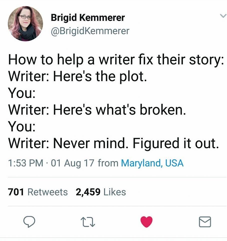 A screenshot of a Tweet by Brigid Kemmerer that reads, How to help a writer fix the plot. They tell you the plot, then they tell you what's wrong, and before you can answer, they fix it.
