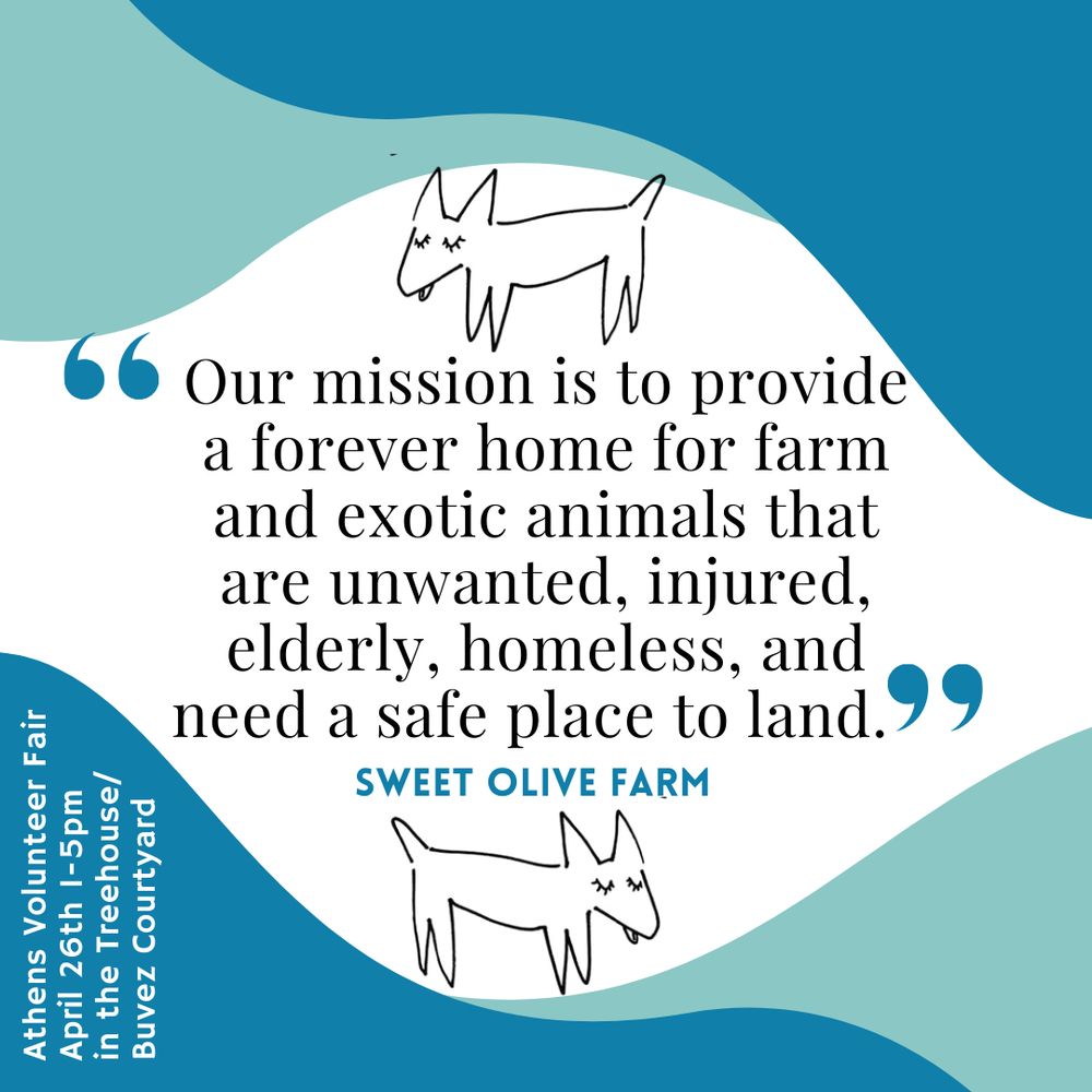 Blue, green, and white wavy blocks of color in the background. Hand drawn dog (the Sweet Olive Farm logo) top and bottom. In the middle, the quote “Our mission is to provide a forever home for farm and exotic animals that are unwanted, injured, elderly, homeless, and need a safe place to land.” —Sweet Olive Farm

In the lower left corner, text reads:
Athens Volunteer Fair
April 26th 1-5 pm
In the Treehouse/Buvez courtyard 