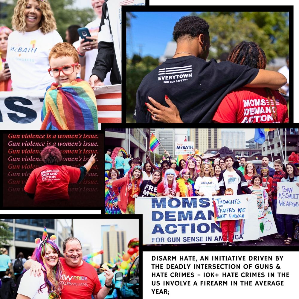 Photo collage of people at marches and rallies supporting Moms Demand. In lower right corner, text reads:
Disarm hate, an initiative driven by the deadly intersection of guns and hate crimes—10k+ hate crimes in the US involve a firearm in the average year. 