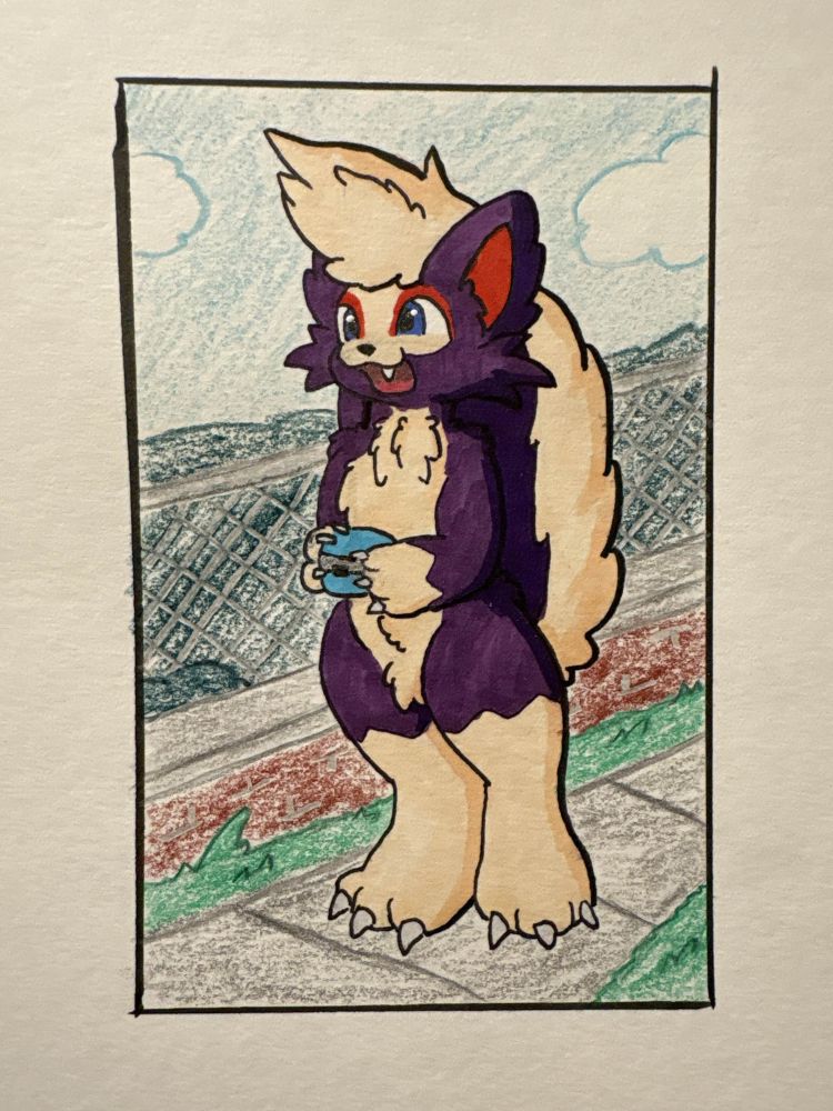 an anthro skuntank walking down a sidewalk, holding a treasure box from pmd in both paws