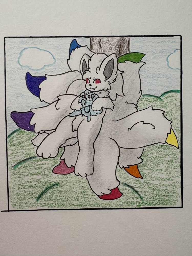 an anthro ninetales with rainbow tailtips sitting under a tree while snuggling an alolan ninetales plushie