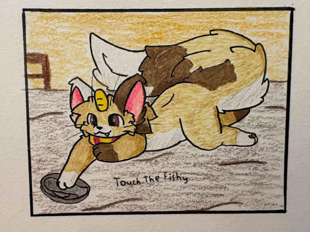 A catlike Meowth touching a fish 