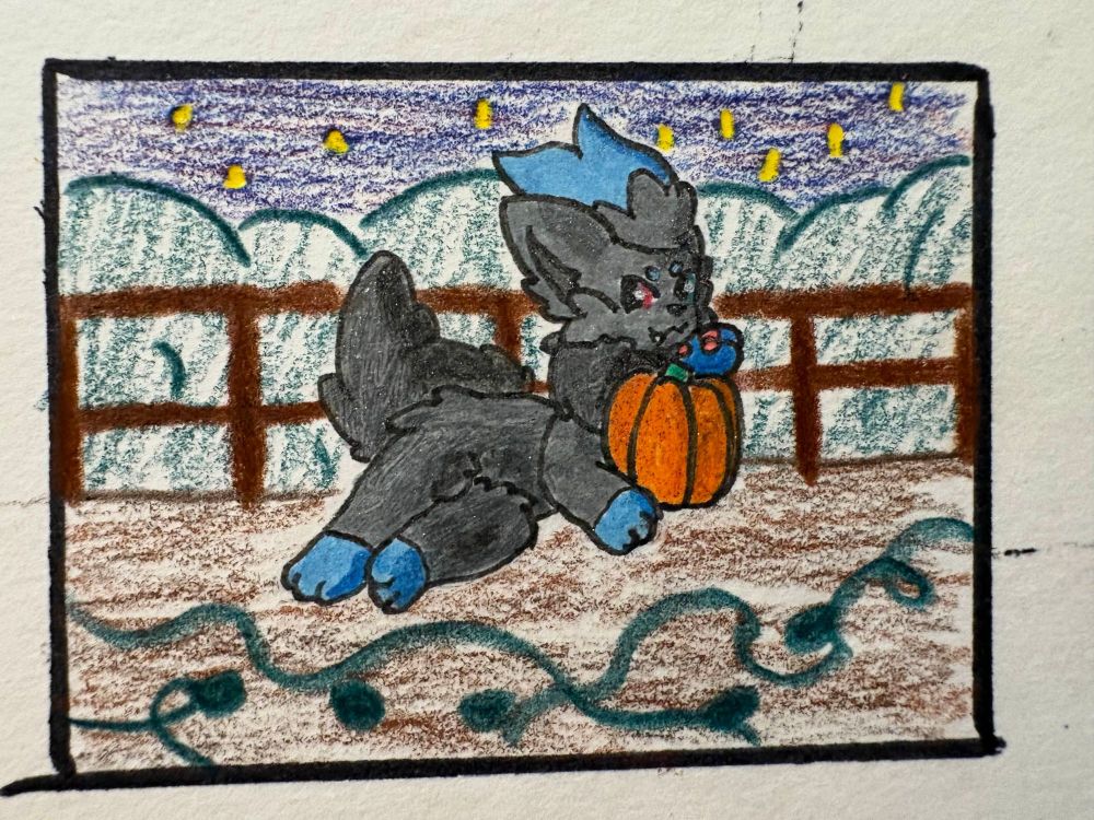 Shiny Zorua in a pumpkin patch on a starry night, posing with a pumpkin