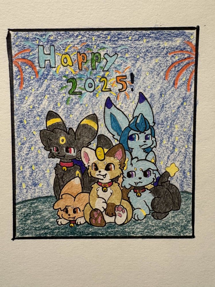 An umbreon with glasses and a collar and glaceon sit behind an eevee with a collar, calico meowth with a collar, and shinx with a collar, all watching fireworks together.