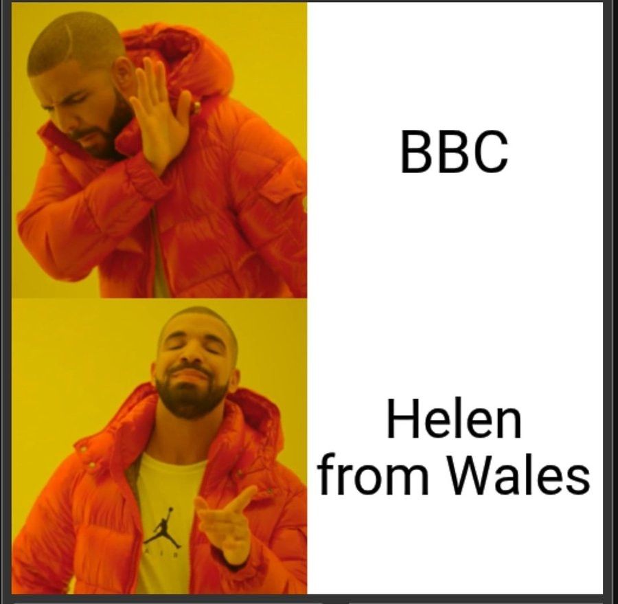 A version of the Drake meme where he hates the BBC but approves of Helen from Wales (the wonderful person who livestreamed the Kneecap set)