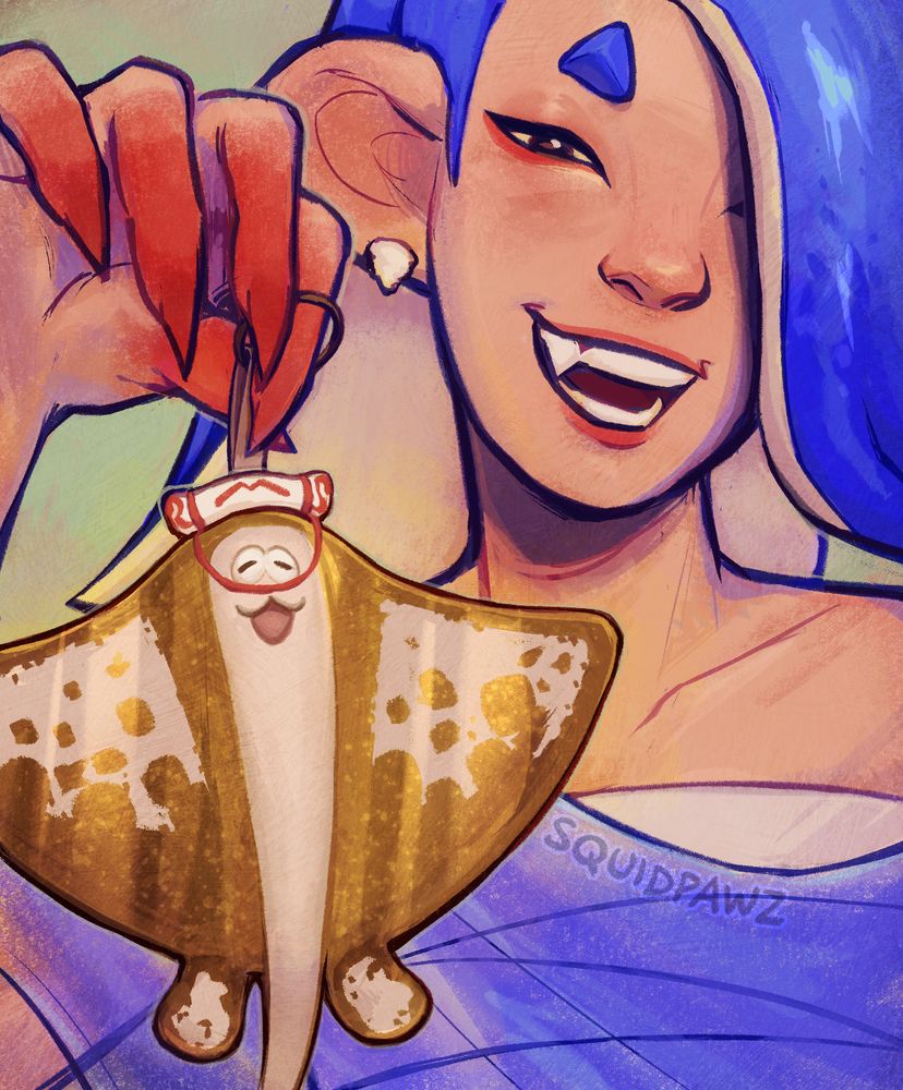 Digital art of Shiver and Big Man from Splatoon based on the gold labubu meme. Shiver smiles at the viewer while holding up a large gold keychain that looks like Big Man.