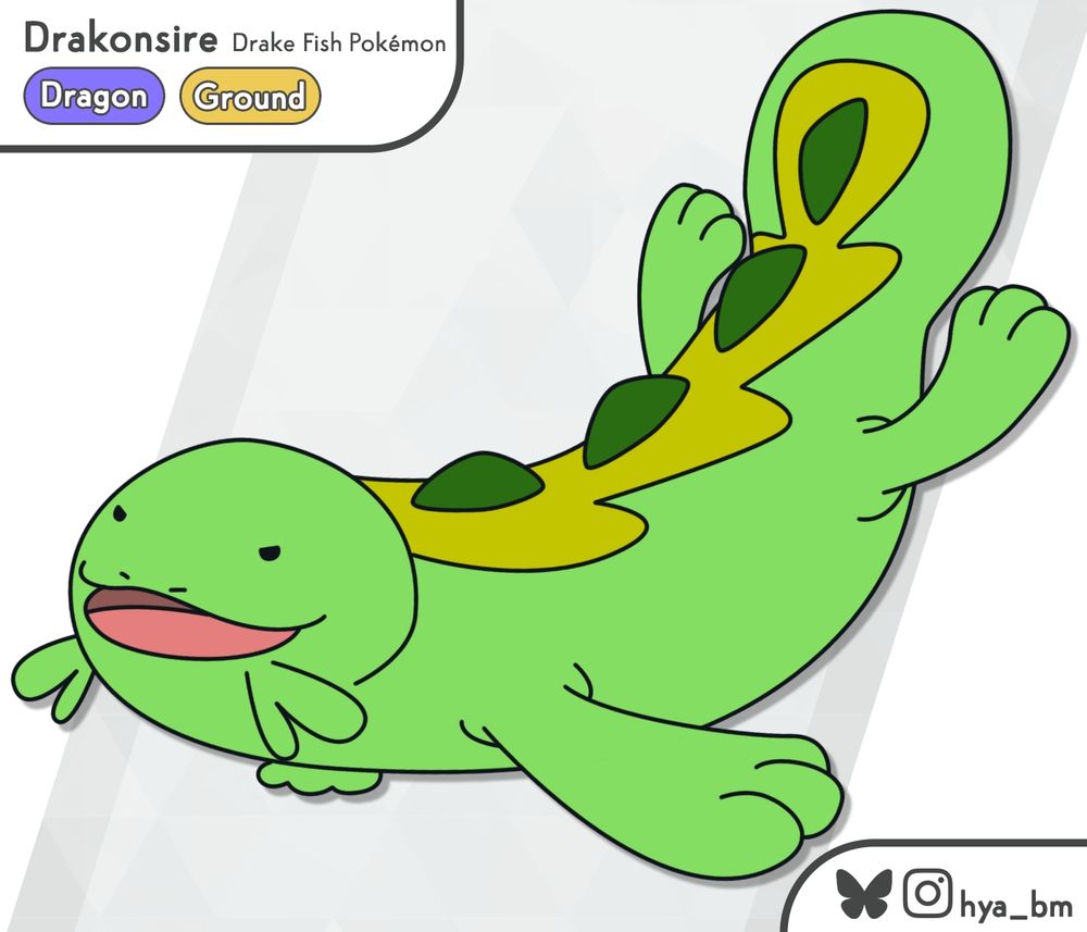 illustration of a fake evolution of a dragon type of the pokemon wooper: Drakonsire. It is a long form of Quagsire green colored with 4 dark green ridges on its back. 2 pairs of whiskers just under its mouth