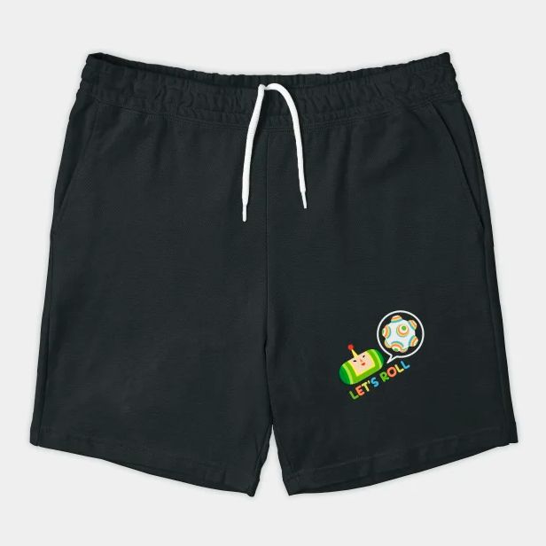 Image of a pair of cotton shorts: an illustration of the Katamari Prince of all Cosmos is on the bottom left leg with a little katamari ball in a speach bubble and "let's roll" written under it