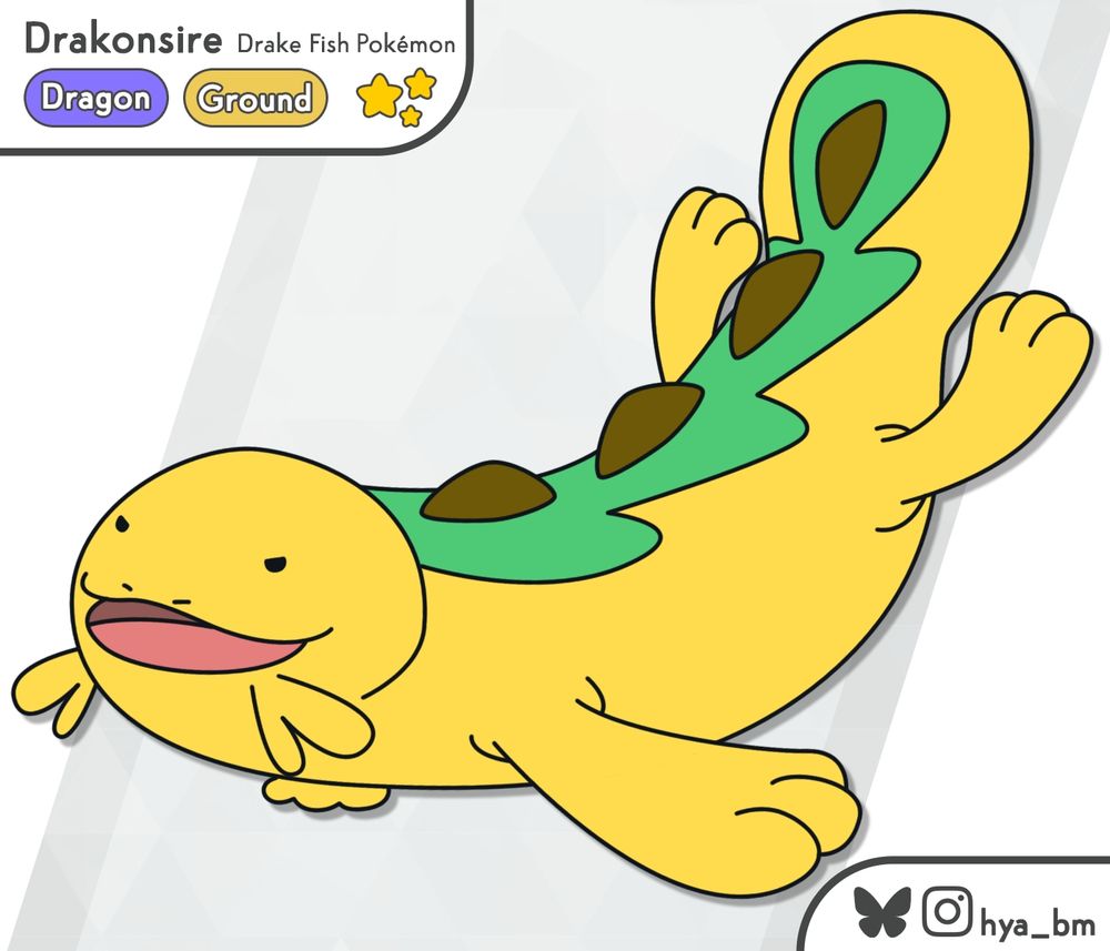 illustration of the shiny form of a fake evolution of a dragon type of the pokemon wooper: Drakonsire. It is a long form of Quagsire golden colored with 4 brown ridges on its back. 2 pairs of whiskers just under its mouth