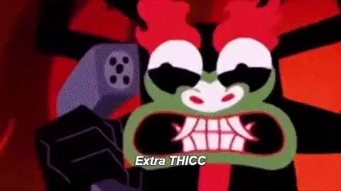 a cartoon character from samurai jack is holding a gun in his hand and says `` extra thicc '' .