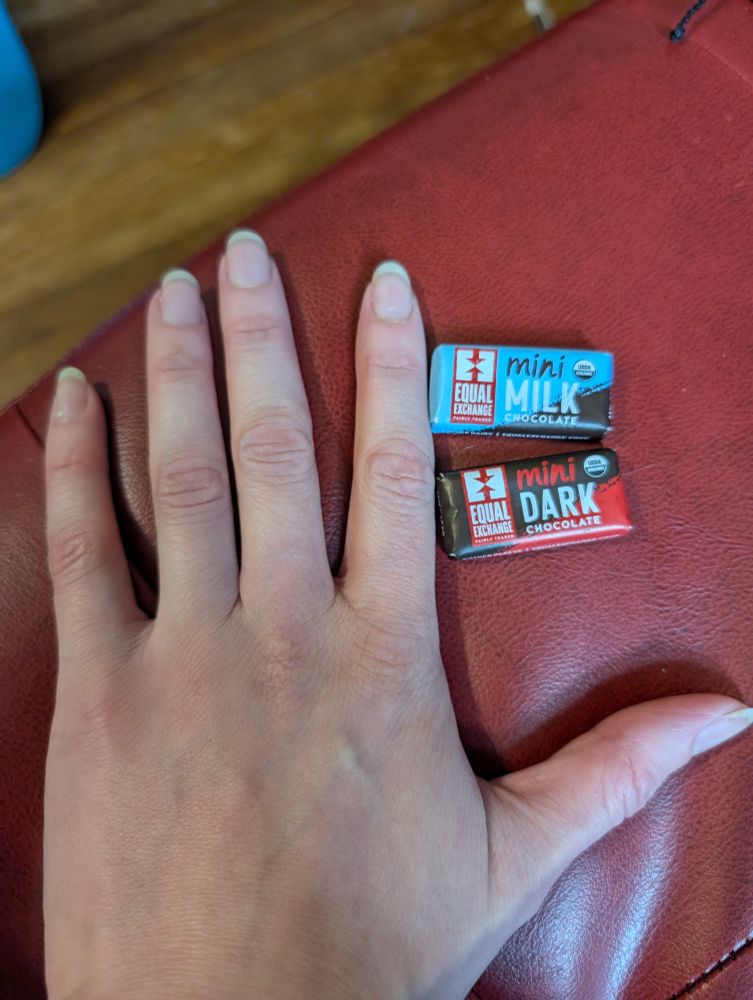 a mini milk and mini dark chocolate next to a small hand