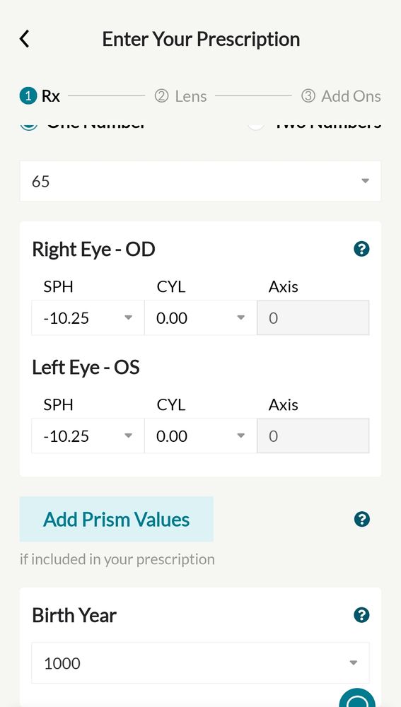 my eyeglass prescription on zenni. -10.25 in both eyes. it says my birth year is 1000