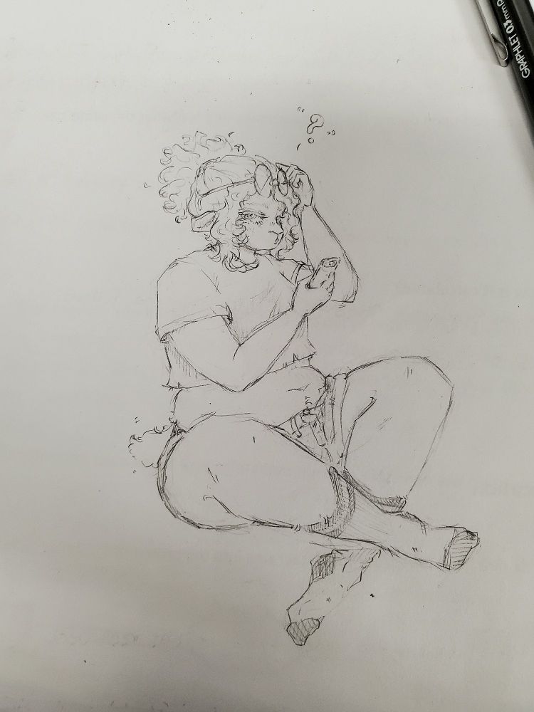An anthro sheep with their hair pulled back and their glasses resting on their head. She's holding a phone in one hand and her glasses in the other while sitting cross-legged.