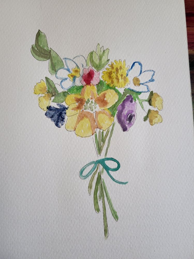 Bouquet of watercolor flowers.  I don't know flower types so I'm no help there but it's got about 6 different flower types you might find as wildflowers and put in a vase.  The flowers are in an array of colors and each color uses a couple of different hues and saturations.  There is a large yellow and yellowish brown flower front and center. To the left is a small navy flower with different degrees of saturation so it's lighter and darker. Up from there are different yellow flowers we'll see again on the right side of the bouquet.  Up from there across the top is some greenery (also scattered through the middle of the bouquet), a white flower with blue edges, a different flower that has the same fluffy quality as a peony, and then another of the white flowers with blue edges.  Going down the right side are more of those yellow flowers i promised would return, as well as a purple something.  All these flowers have green stems that come together and are tied up in a bow with some teal ribbon.  Going back to color use and saturation, none of the flowers nor greenery is flat color.  Each is a complex mix of colors playing with, for example, different shades of green for the greenery.  There are probably a dozen different shades of green used, all of them a slightly different shade as I add in a yellow here or a brown there, and now more green, the puddle of green paint I was working with was ever evolving.  A similar process was used for each color and each flower.  Though green is an outlier in the number of shades used.  I also used different amounts of water to increase and decrease how saturated the colors are.  Sometimes a flower might be just one shade of purple but the amount of water changes within the flower itself so some parts are darker and some are lighter.