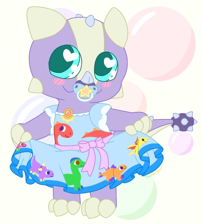 Tyke is a light purple dinosaur with whitish-yellow horns, cheek spikes, finger claws, and toe claws. He has a small light blue nose horn, and light blue spikes running from his head down his tail. His tail is like an ankylosaurus's with a spiked ball-like feature on the end. He's blushing and smiling, turning his head away and using his eyes to look at the viewer. He's holding the skirt of his dress to show what's on it.

He wears a pastel blue dress with puffy shoulder sleeves, and an orange-yellow gem on the front. A large, smiling, red dino wraps around the bodice. The dress has more dinos in different colors walking in a line on the skirt. The waistband is light pink with a large bow on it. A pastel blue pacifier is in his mouth, with a big yellow and orange star on the front.

The background is pastel yellow with many bubbles of different sizes. Each bubble is a different pastel color.