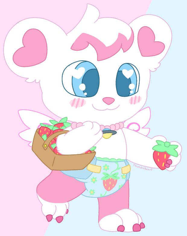 Labra, a Jewelpet kinsona, is white with pastel pink accents and light blue eyes. They wear a beaded collar/necklace with a planet-shaped gem on the front. They wear a pastel blue diaper with a strawberry, flowers, and a vine on it.

They're holding a strawberry in their left paw. Around their right arm is a basket of other strawberries they picked. A bright smile is on their face as they look at the strawberry they picked.