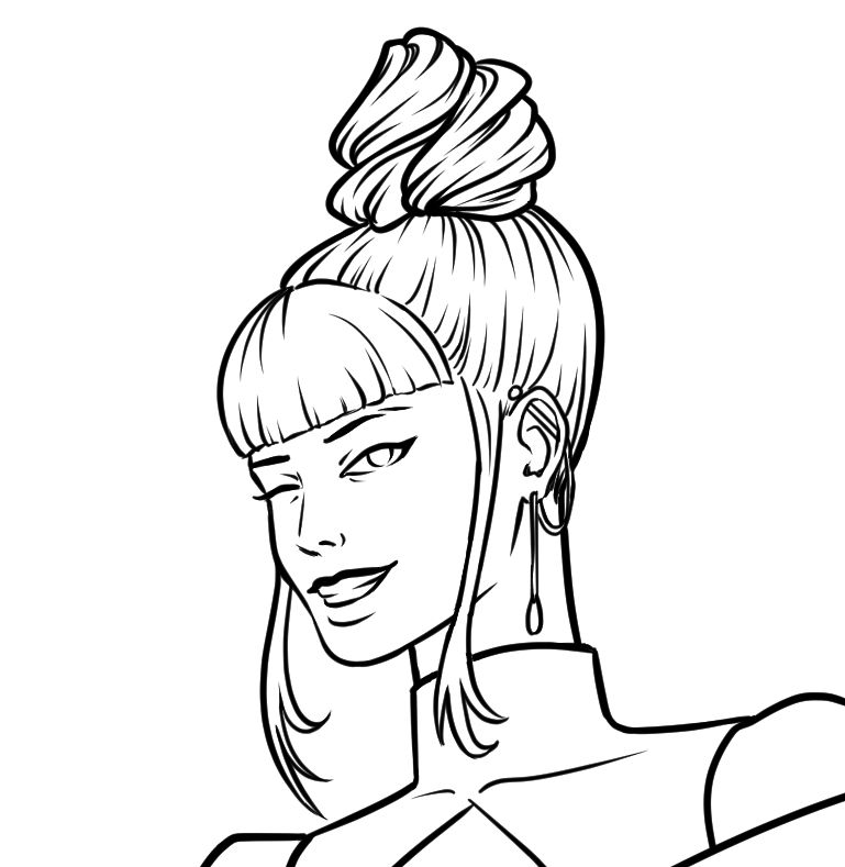 A work in progress shot of a digital drawing. It’s black line art of a woman with a bun on top of her head, smiling and winking at the viewer. 