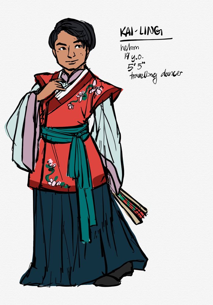 a digital sketch of Kai-Ling, a thin Asian man with short black hair parted to the side. He wears a teal aoqun with an embroidered red short-sleeved coat and a sash around the waist. He holds a folding fan at his side. Notes written next to him read “Kai-Ling, he/him, 19 y.o., 5’5”, travelling dancer”