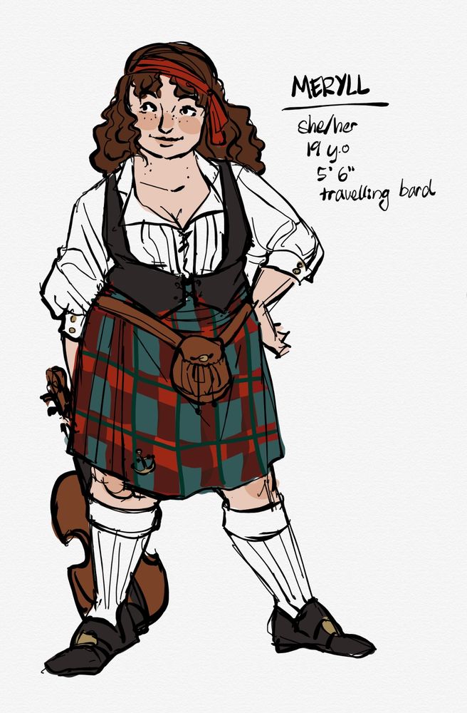 a digital sketch of Meryll, a chubby white woman with wavy brown hair and freckles. She wears a red headband, a poofy white shirt under a black vest, and a red-and-teal patterned kilt. She holds a fiddle at her side. Notes written next to her read: “Meryll, she/her, 19 y.o., 5’6”, travelling bard”