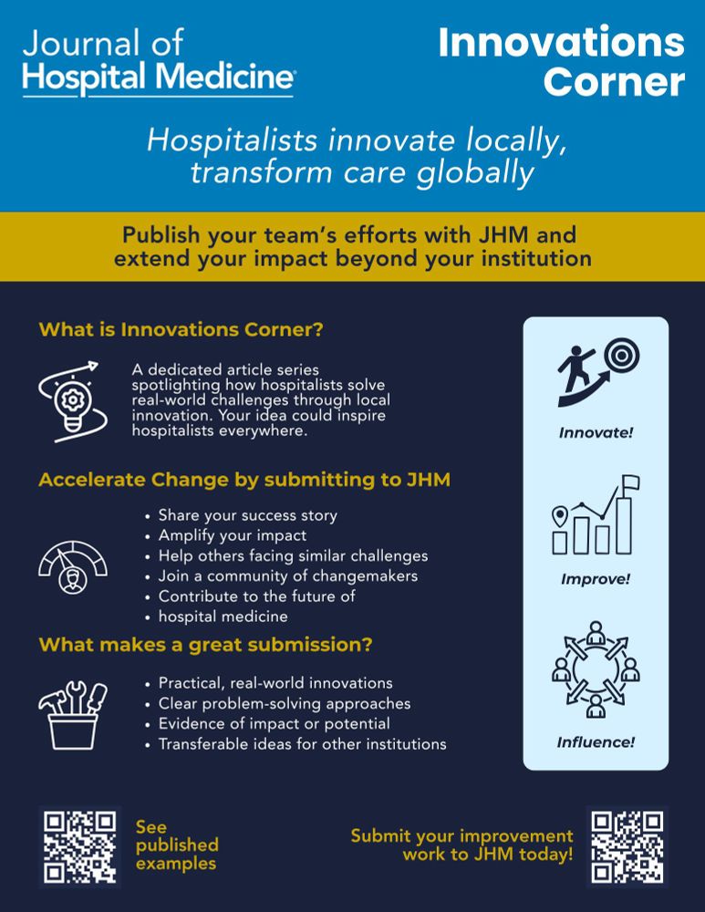 A graphic consistent with Journal of Hospital Medicine branding promotes innovations corner, which is an article type used to showcase innovative care, delivery models that have been scaled or have high potential to scale. The graphic also includes information on how to accelerate change via this article type.