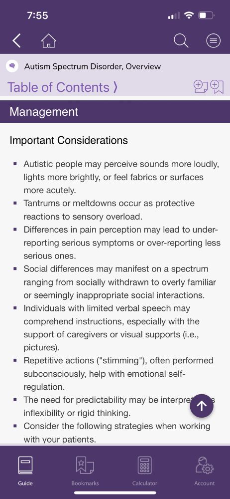 Screenshot from the Sanford Guide to pediatric acute care showing the autism, overview topic. This particular screenshot shows a portion of the management section for the inpatient setting. 