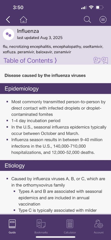 Screenshot of the first screen of the newly added Influenza topic in the Sanford Guide to Pediatric Acute Care app. This screenshot shows the epidemiology and etiology of influenza, including specific information on associated infections, hospitalizations, and deaths each year.