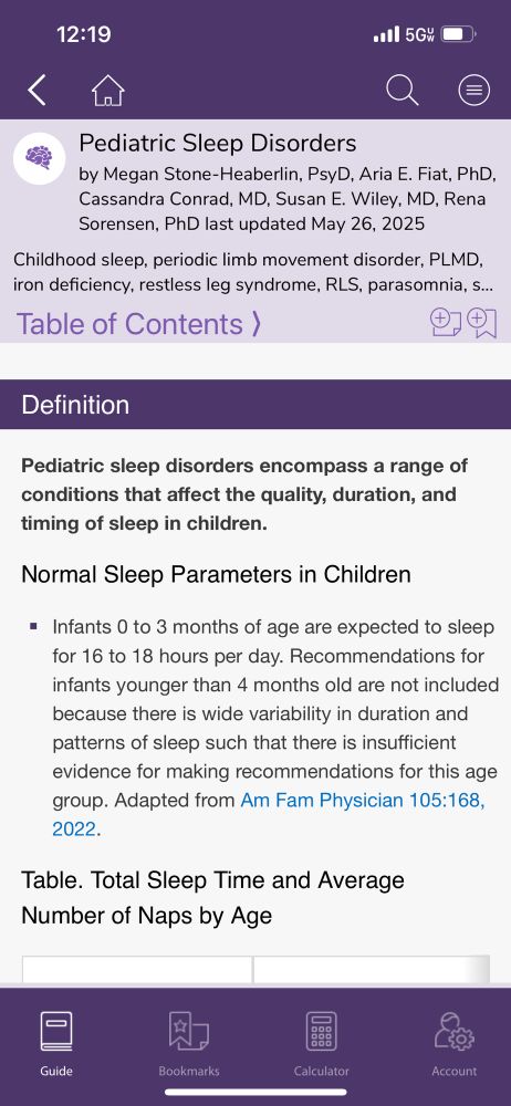 Screenshot showing contact from the Sanford Guide to Pediatric Acute Care app on the topic of pediatric sleep disorders. This screenshot shows normal sleep parameters and children.