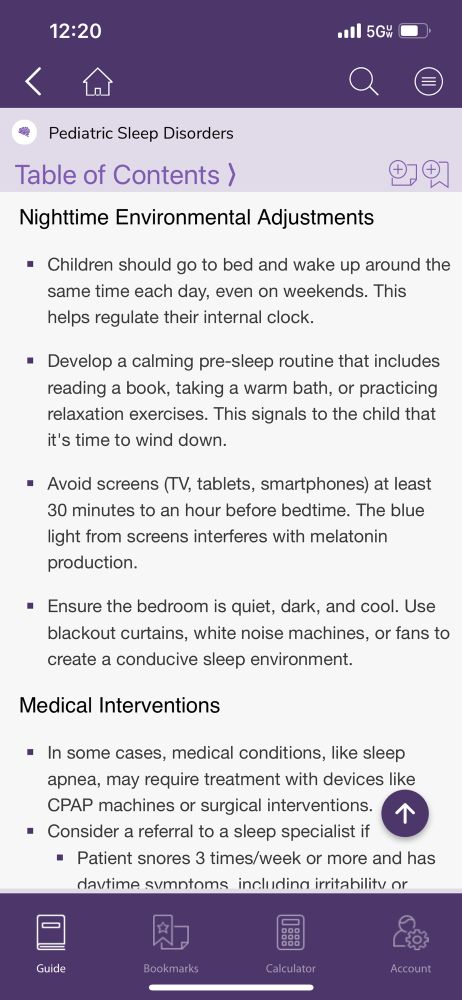 Screenshot showing contact from the Sanford Guide to Pediatric Acute Care app on the topic of pediatric sleep disorders. This screenshot shows nighttime environmental adjustments.  