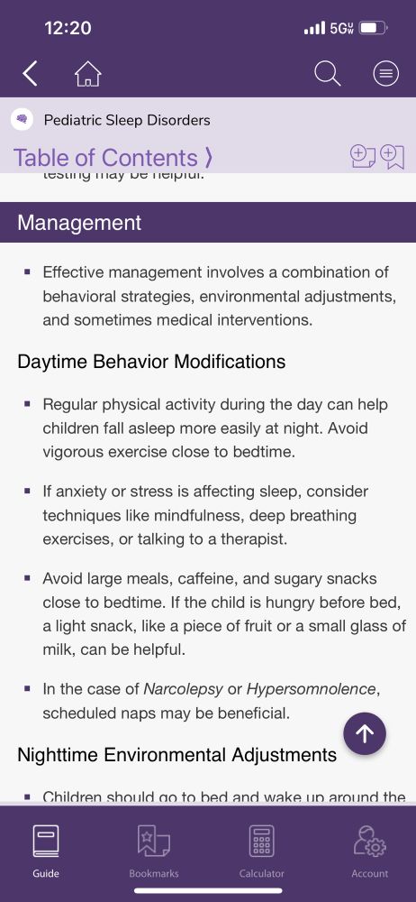 Screenshot showing contact from the Sanford Guide to Pediatric Acute Care app on the topic of pediatric sleep disorders. This screenshot shows daytime behavior modifications. 