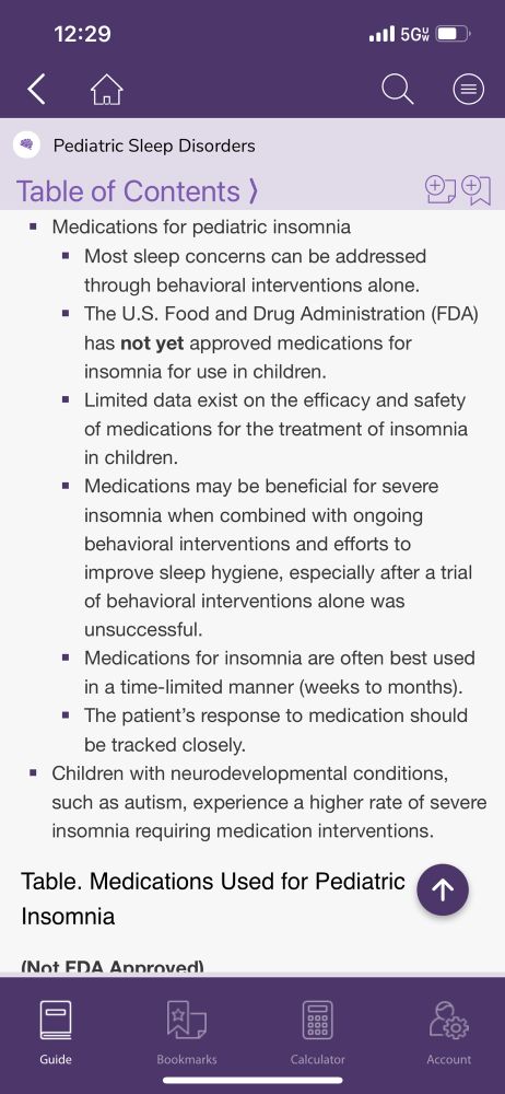 Screenshot showing contact from the Sanford Guide to Pediatric Acute Care app on the topic of pediatric sleep disorders. This screenshot highlights pharmacological interventions and indications acknowledging that the medications are not FDA approved. 