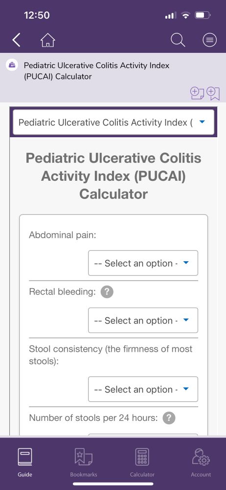 Pediatric ulcerative colitis activity index calculator screenshot from the Sanford Guide to pediatric acute care