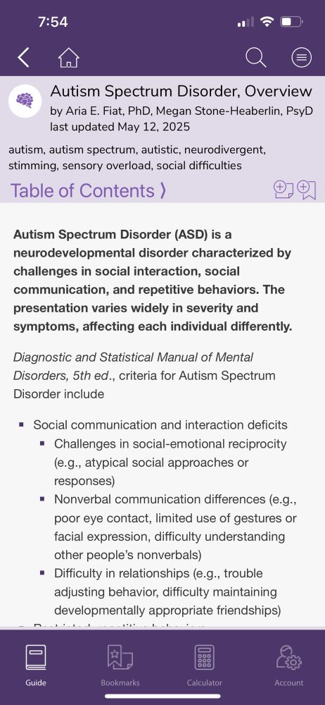 Screenshot from the Sanford Guide to pediatric acute care showing the autism, overview topic. This particular screenshot shows a portion of the DSM-5 definition.