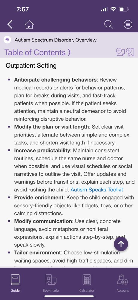 Screenshot from the Sanford Guide to pediatric acute care showing the autism, overview topic. This particular screenshot shows a portion of management guidance for the outpatient setting. 