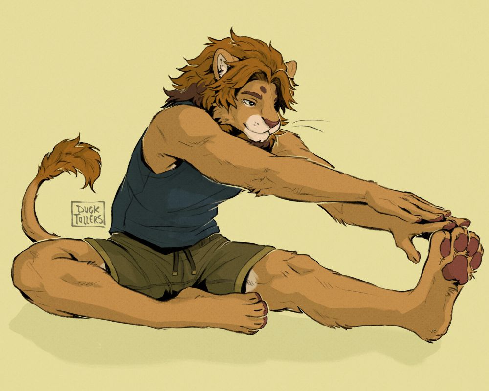 a digital illustration of an anthropomorphic lion stretching on a light yellow background. he sits with one leg stretched out and is leaning over to touch his toes. he’s wearing a dark blue tank top and olive green shorts.