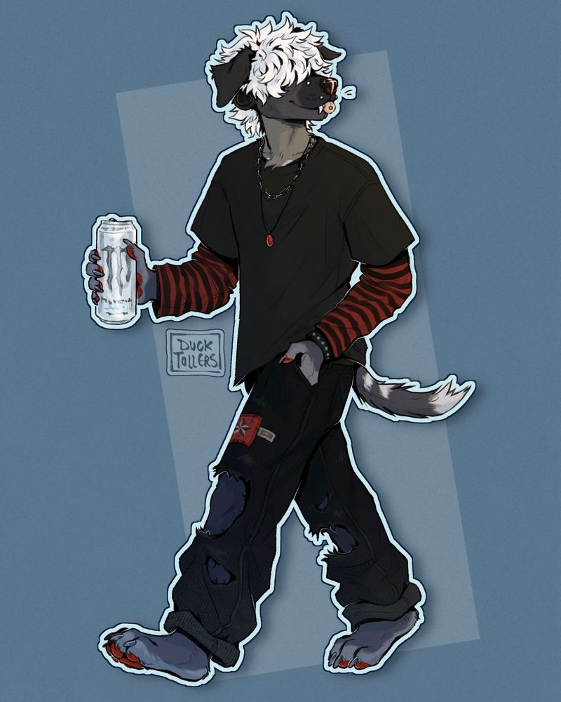 a digital illustration of an anthropomorphic grey dog walking on a pale blue background. he has floppy ears, fluffy white hair that covers his eyes, and red paw pads. he's wearing a dark grey t-shirt over a red and black striped long sleeve shirt, and black jeans with large rips in the knees and some patches. he has one hand in a pocket and the other is holding a white monster energy can, and he's looking over his shoulder with a smile and his tongue peeking out. 