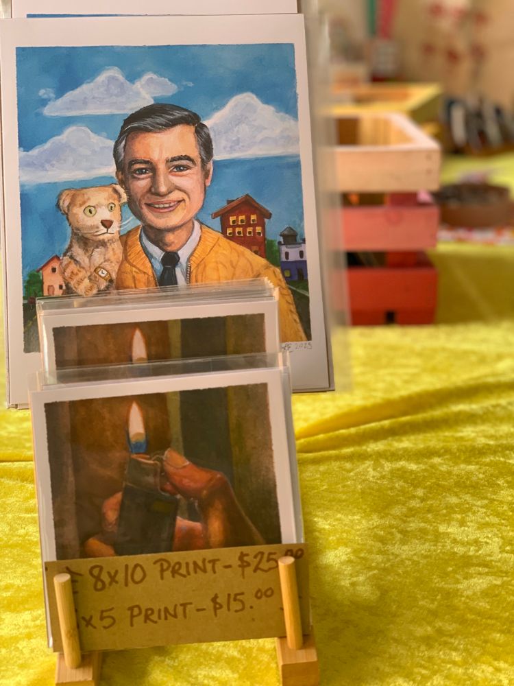 Yellow table cloth with fine art prints
