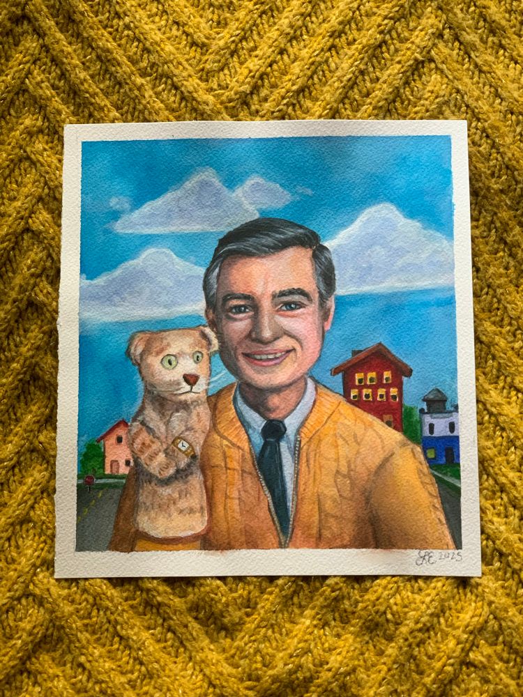 A painting of a man holding a tiger puppet. 