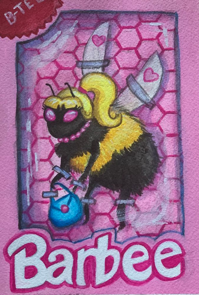 Barbie box with a bee dressed as barbie. Blonde ponytail and pink eyes with pink pearl necklace and blue purse. 