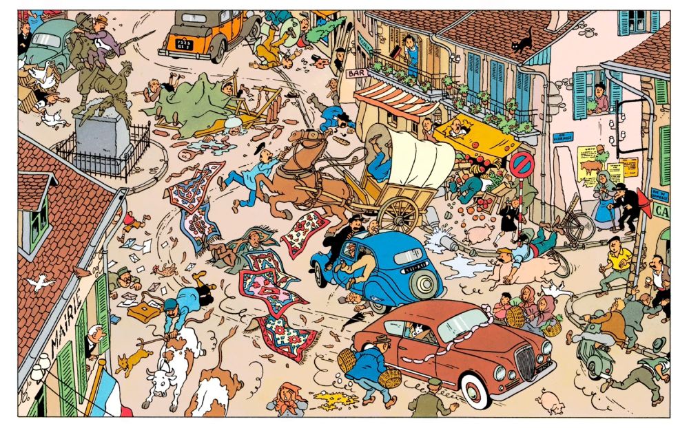 a chaotic chase scene thru a small French town on the southside of Lake Geneva. I know this based on the WWI statue