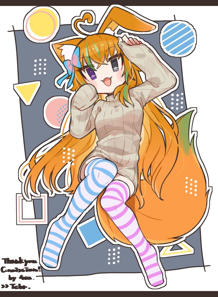 An Orange haired hybrid VTuber with green highlights, a cat ear, a rabbit ear and a fox tail being very cute.