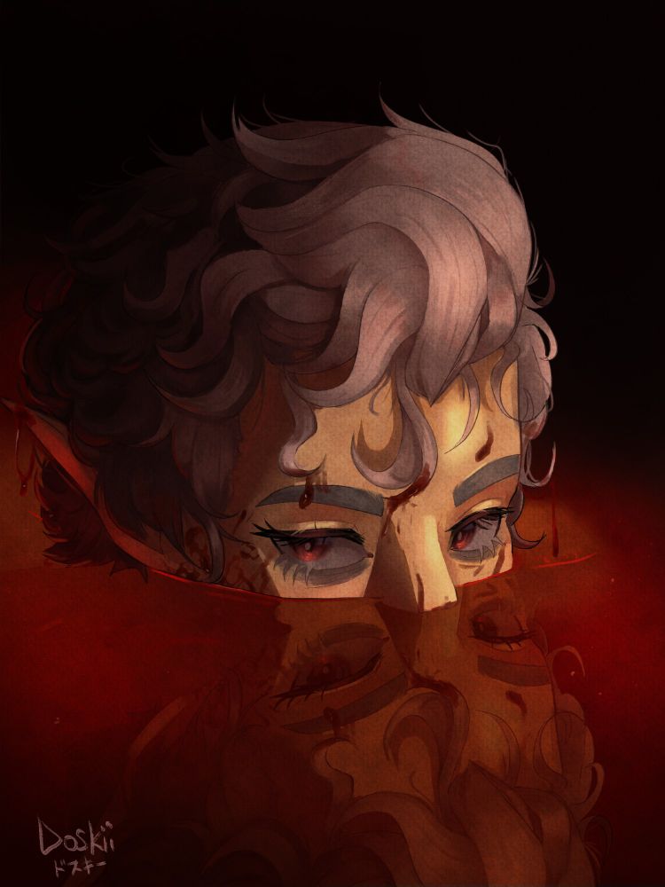 Astarion submerged in blood looking at the viewer
