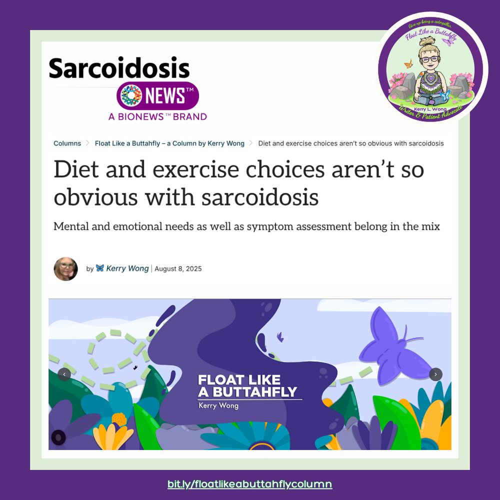 FLaB background with screenshot of Sarcoidosis News column titled "Diet and exercise choices aren't so obvious with sarcoidosis"