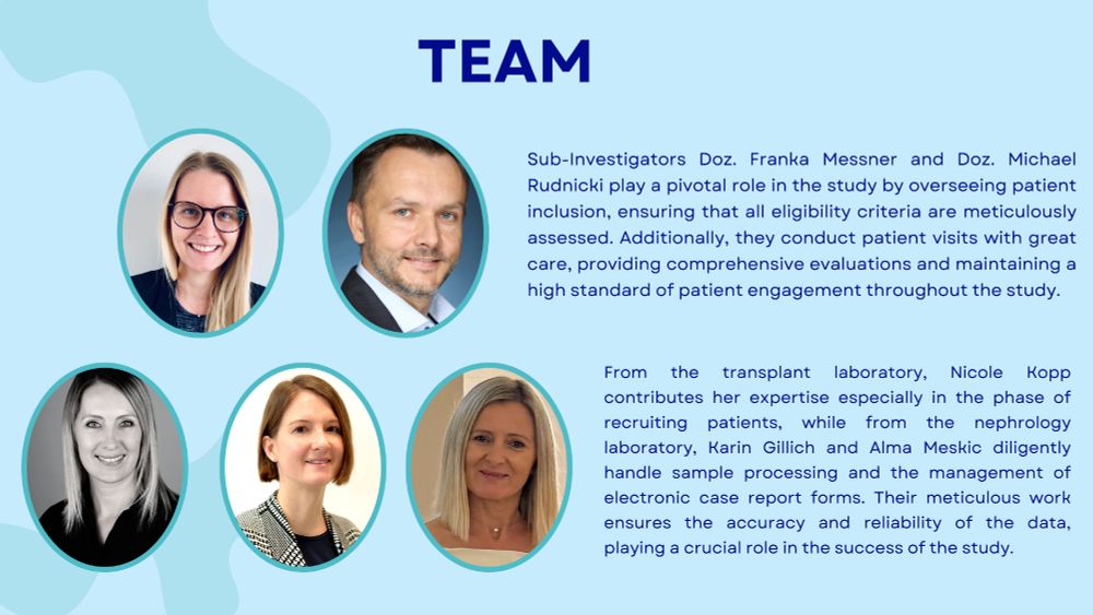 Portraits of key team members from MUI involved in the TTV GUIDE TX project, including sub-investigators, transplant laboratory experts, and nephrology specialists, with text explaining their roles in patient engagement, sample processing, and data management