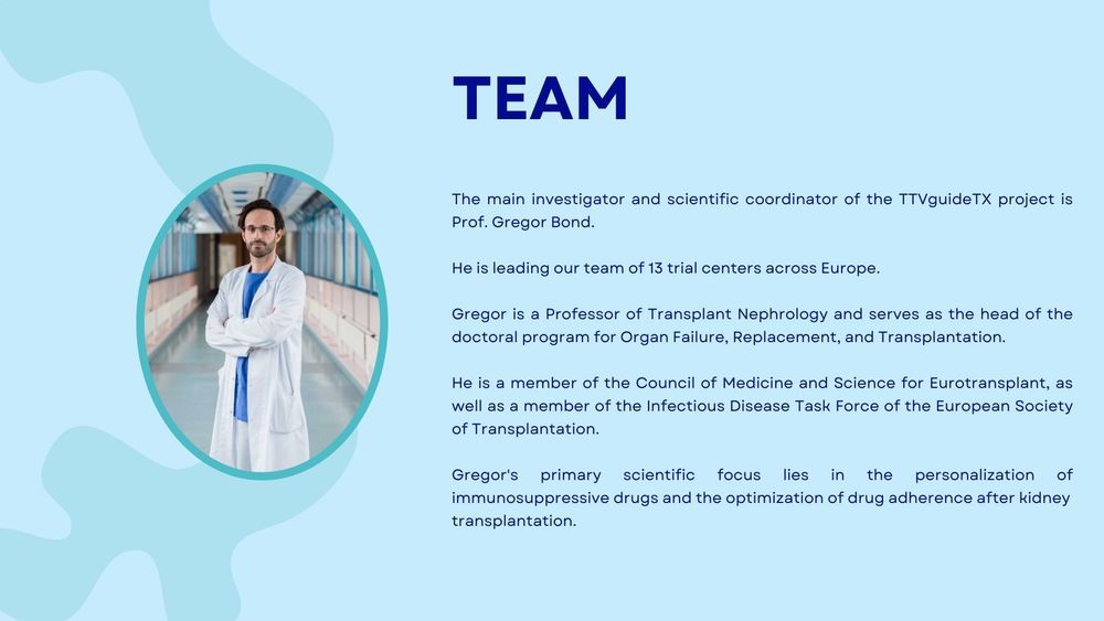 Portrait of Prof. Gregor Bond, wearing a white lab coat with folded arms, standing confidently in a bright hospital corridor. Text on the right contains info on Prof Bonds career steps.