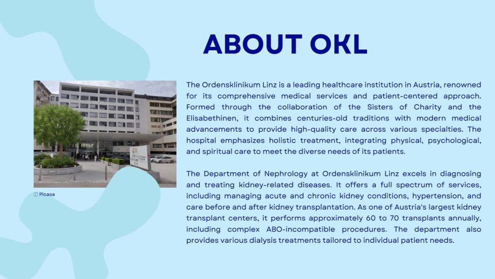 Photo of the main entrance of Ordensklinikum Linz, a large modern hospital building with signage and a tree in front, accompanied by text describing the hospital's nephrology expertise and transplant services