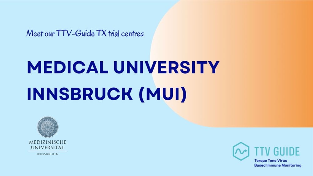 Graphic slide introducing the Medical University of Innsbruck (MUI) as a TTV GUIDE TX trial center, featuring the MUI and TTV GUIDE logos on a light blue background with an orange gradient shape