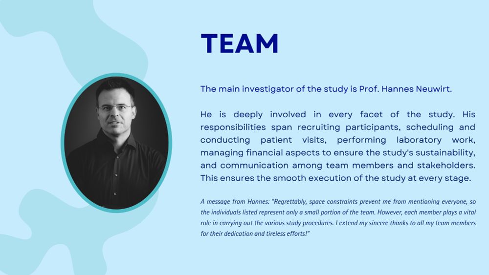 Black and white portrait of Prof. Hannes Neuwirt, the principal investigator of the TTV GUIDE TX study at MUI, with text detailing his responsibilities in patient recruitment, study coordination, and stakeholder communication