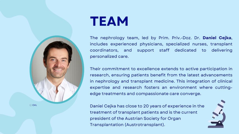 Portrait of Dr. Daniel Cejka, lead nephrologist at OKL, with a description of his role, team members, and nearly two decades of experience in transplant medicine