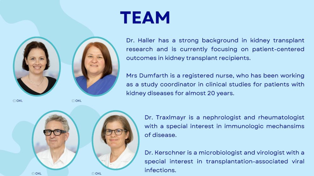Portraits of four team members at OKL involved in kidney transplant research, clinical studies, nephrology, virology, and immunologic research, with text highlighting their specific roles and expertise.