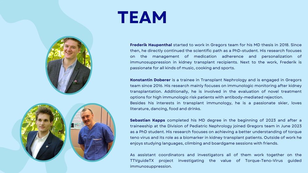 Three portraits of team members from the TTVguideTX project: Frederik Haupenthal and Konstantin Doberer in formal attire with a natural outdoor background, and Sebastian Kapps in medical scrubs standing indoors. Text o the right provides more background info on the three doctors.
